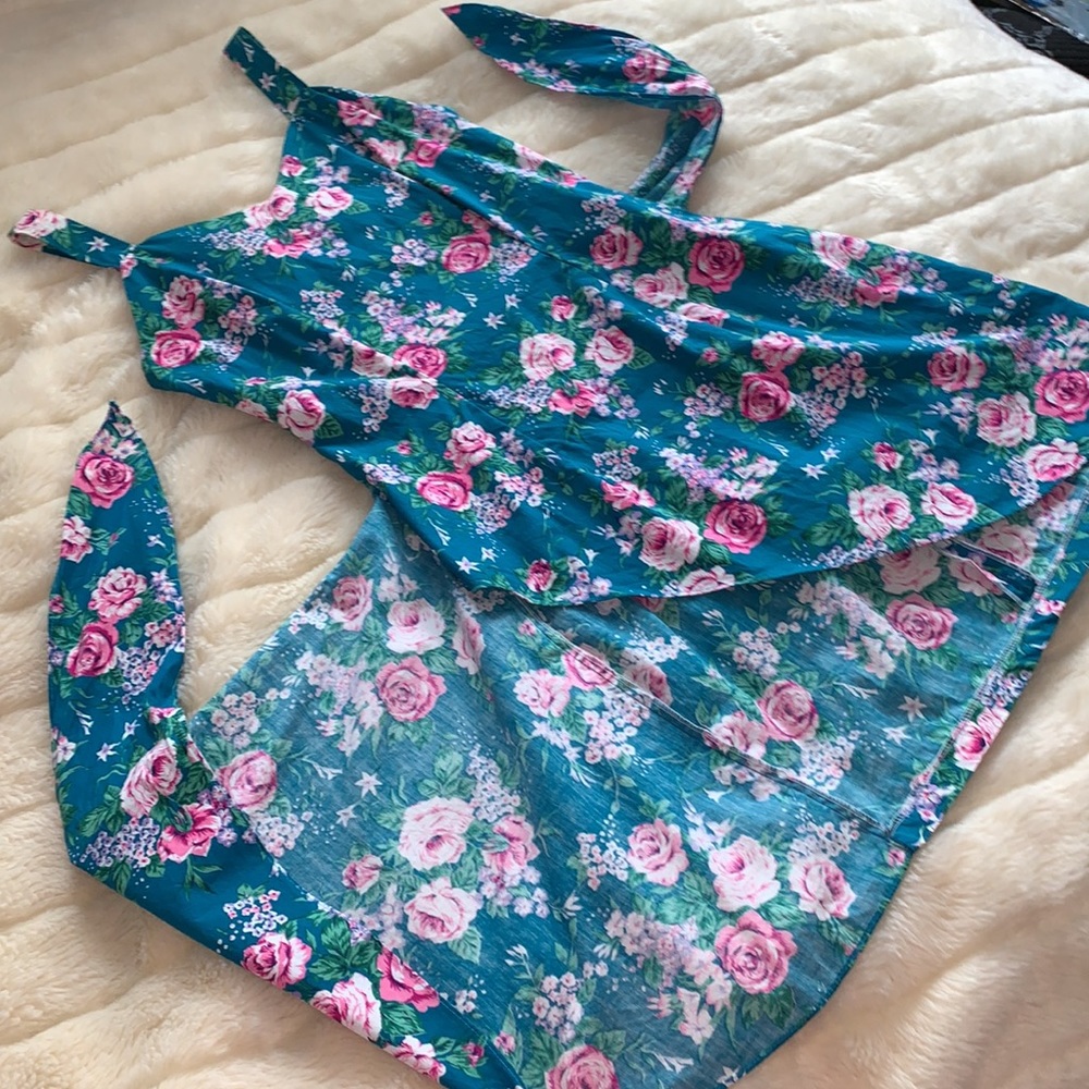 Vtg 90s turquoise teal with pink roses Mini WRAP dress S M